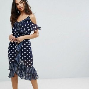 Boohoo Cold Shoulder Mix Print Ruffle Midi Dress